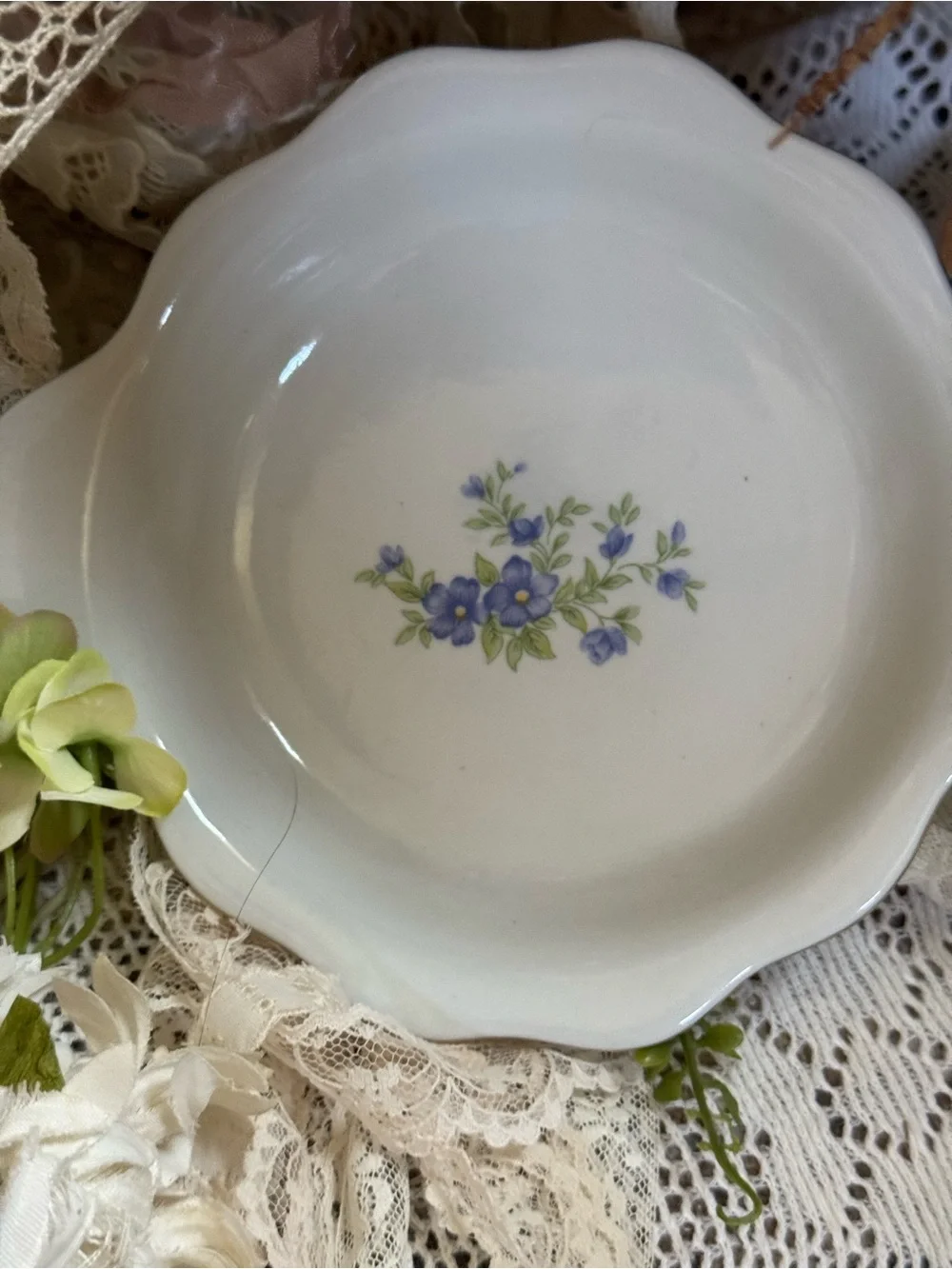 Vintage White Ceramic Bowl with Blue Floral Sprig
